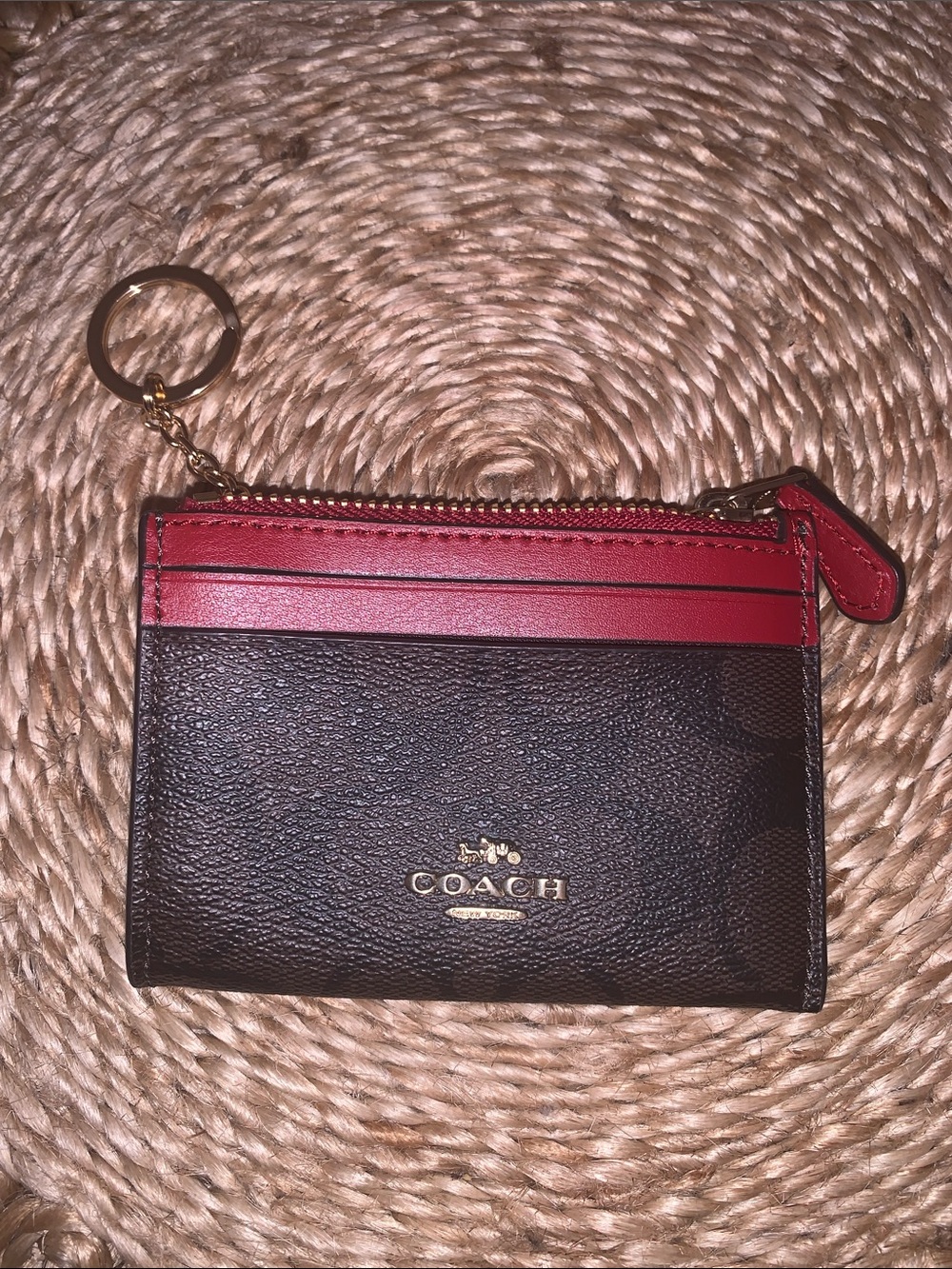Coach Leather Signature Mini ID Card Case Keychain - Brown and Red